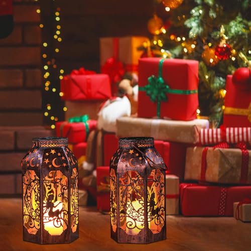Image of Solar Lanterns Outdoor Waterproof Fairy LED Metal Lantern Candle Glow | Bronze Moon Hollow Design, Vintage Fairy Style, Garden Decor for Yard, Patio, Backyard 2 Pack