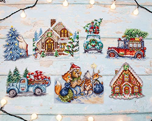 Wizardi Counted Cross Stitch Kit on Plastic Canvas with Christmas Ornaments. 7 Christmas Designs 5.91x5.91 Inches. Ideal for Embroidery & Craft Amateurs. L8051 Letistitch