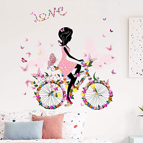 ROFARSO Wall Stickers Colorful Girl Butterflies Flowers Vinyl Removable Large Wall Decals Art Decorations Decor for Girls Bedroom Living Room Playing Room Murals