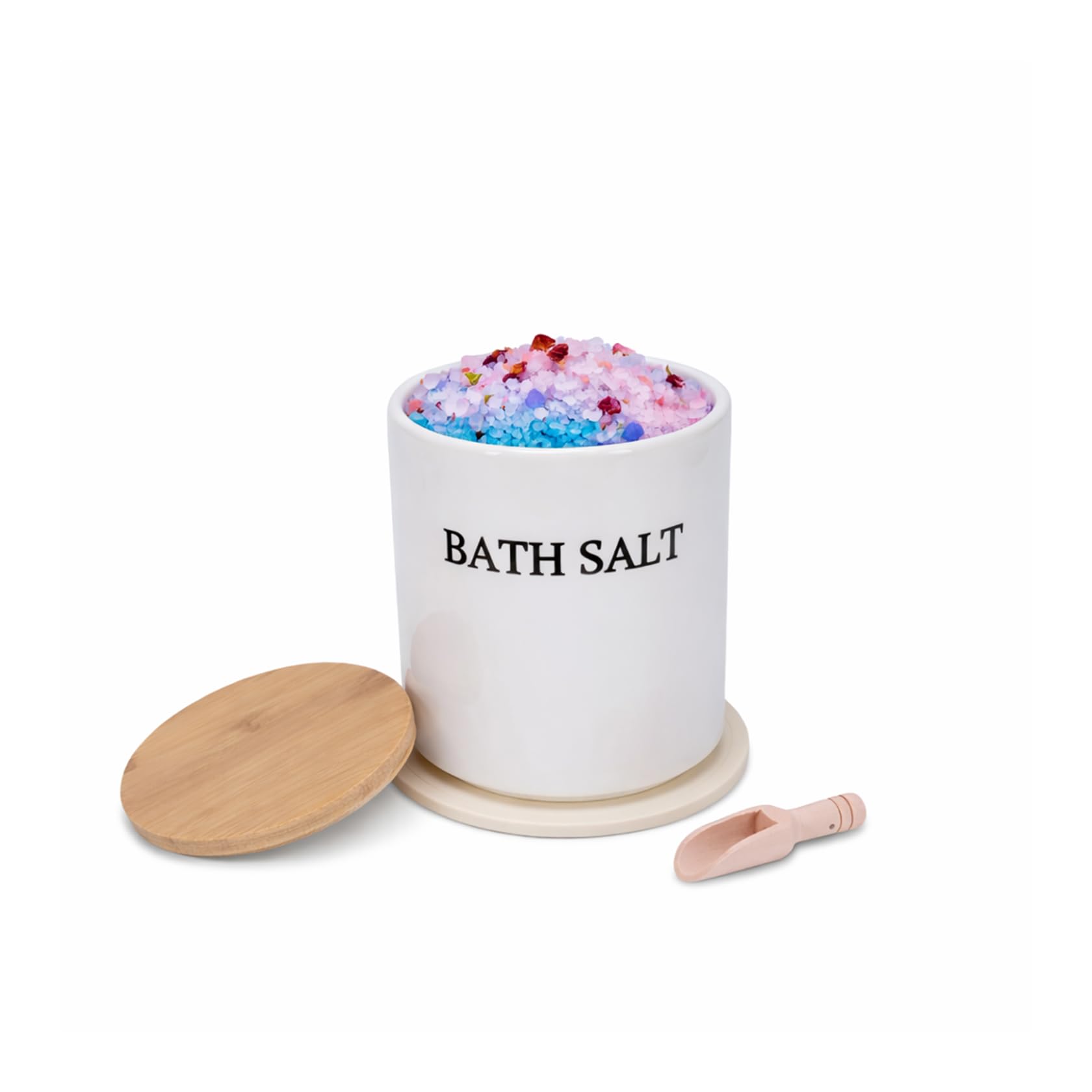 Barattolo in vetro con coperchio in bambù, ermetico per sali da bagno, Epsom sale e cosmetici, con cucchiaio e tappetino, decorazione da bagno per donne, bianco