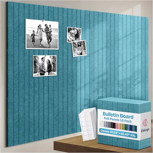 Image of X-Large Cork Board Alternative 12-Pack Felt Bulletin Board Thick and Decorative Pin Board for Home Office Walls 47.24 x 35.43 Inches with 72 Adhesive Tabs - [Light Turquoise]