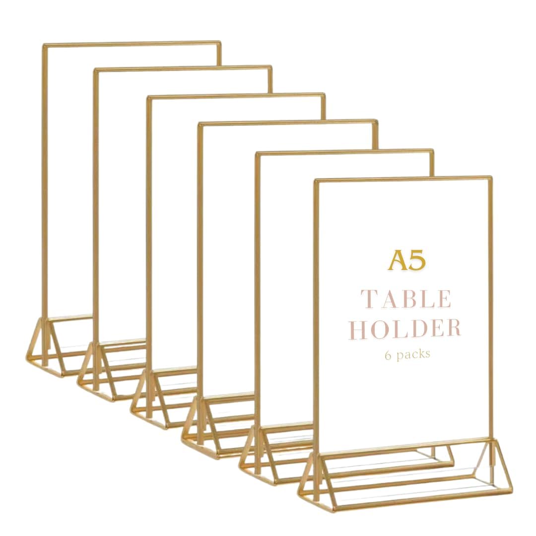 Acryl-Schildhalter A5, 6 Stück, transparenter Bilderrahmen und Flyerhalter, doppelseitiger Acrylrahmen mit Goldrahmen für Hochzeitstischschilder