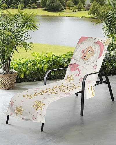 Blush Pink Santa Beach Chair Towel Covers for Chaise Lounge with Side Pocket, Soft Plush Pool Towels Cover for Patio Sunbathing Outdoor 29''x85'' Merry Christmas Gold Snowflake