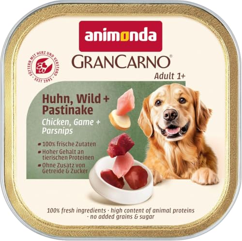 animonda GranCarno Hunde Nassfutter Adult Huhn, Wild + Pastinake (22 x 150g), getreidefreies Hundenassfutter ohne Zucker, für ausgewachsene Hunde, mit frischen fleischigen Zutaten