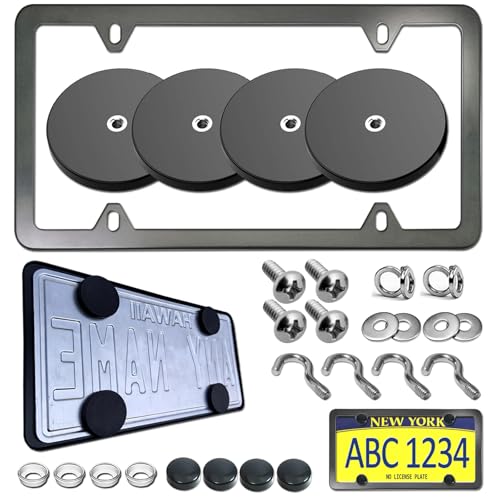 BGGTMO Magnetic License Plate Holder 4 Pack Strong Neodymium Magnet Mount with Rubber Coating with Black Aluminum Frame Screws for Metal Car Bumper for Dealer No Drill Temporary Plate