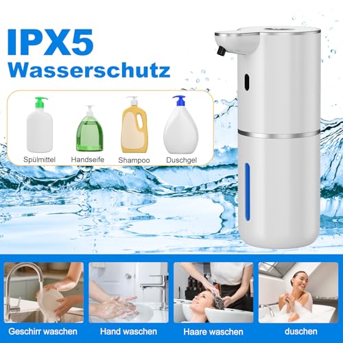 Fantictas Automatisch Seifenspender, Elektrischer Schaumseifenspender mit Display, USB-Wiederaufladbarer,6-Stufig Einstellbar, 380ml Wandmontage für Badezimmer/Küche/Geschirrspülmittel, Weiß