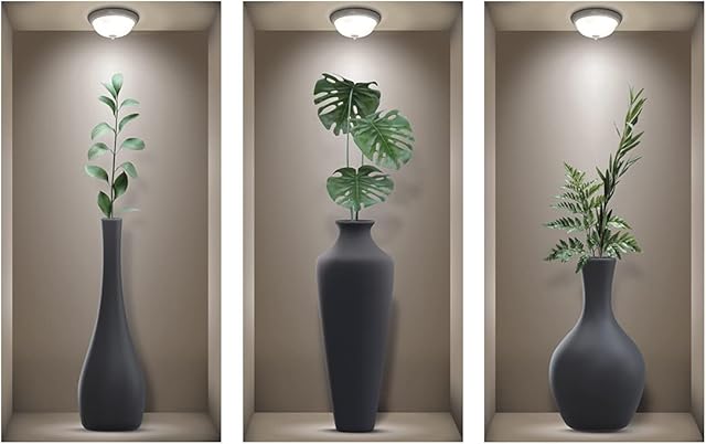 3D Wall Stickers Living Room, TOARTI 3D Wall Art Stickers, Realistic 3D Window View Scenery Wall Sticker, Vase Wall Decal, Plant Wall Stickers for Bedrooms Bathroom Kitchen Wall Decor(Set of 3,8X16)