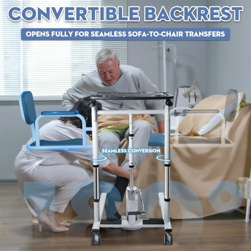 Image of Patient Lift Transfer Chair for Elderly and Home, Portable Adjustable Height Lift Nursing Wheelchair 180 Split PU Leather and Thickened Sponge Seat