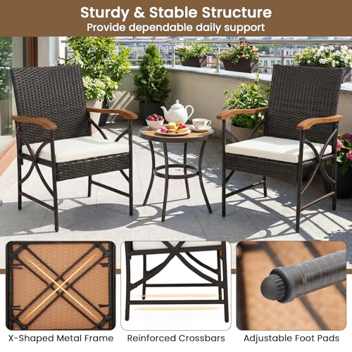 COSTWAY Patio Wicker Dining Chairs Set of 2, Outdoor Rattan Chairs with Backrest, Curved Acacia Wood Armrest & Cushions, All Weather Dining Chair for Lawn, Garden, Yard and Poolside
