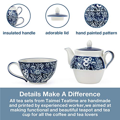 Taimei Teatime Hand Painted Tea for One Set, Ceramic Tea Pot(11 fl oz) and Cup Set with Infuser for Loose Leaf Tea, Blue and White - Thumbnail 5