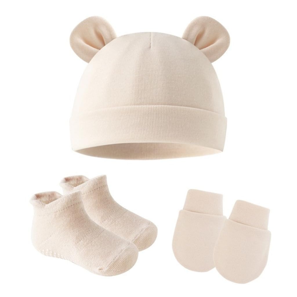 Infant Double Layer Bonnet Hat with Socks and Scratch Proof Mittens Set for 0 to 3 Months Comfortable Fetal Caps Gloves Beige