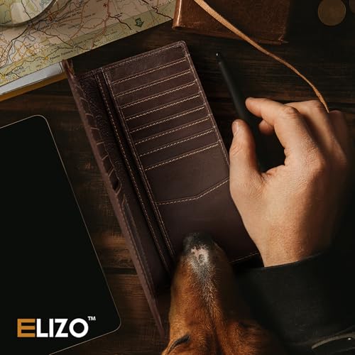 Image of ELIZO Men's Genuine Leather Long Wallet - RFID Blocking Rodeo Checkbook Wallet | Slim Western Bifold Wallet with 16 Card Slots, ID Window | Top Grain Leather Cowboy Wallet | Stout