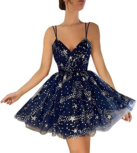 Basgute Sparkly Starry Tulle Short Homecoming Dresses for Teens Navy Blue Glitter Star Prom Dress Plus Size Mini Formal Evening Party Gown for Women US16W