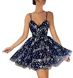 Basgute Sparkly Starry Tulle Short Homecoming Dresses for Teens Navy Blue Glitter Star Prom Dress Pl