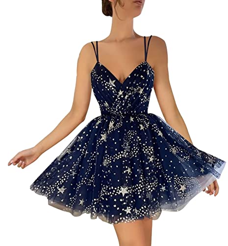 Basgute Sparkly Starry Tulle Short Homecoming Dresses For Teens Navy Blue Glitter Star Prom Dress Plus Size Mini Formal Evening Party Gown For Women Us16W #TOP19