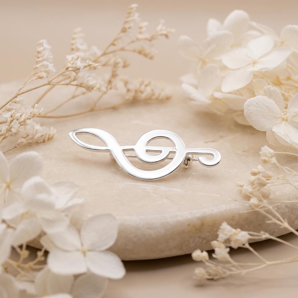 Alexander Castle 925 Sterling Silver Treble Clef Brooch for Women - 45mm x 18mm Silver Brooch Pin with Jewelry Gift Box