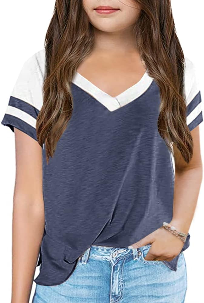 Kids Tops V Neck Short Sleeve Summer Tshirts Girls Color Block Side Split Loose Athletic Tees