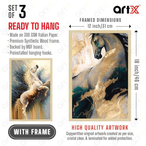Image of ArtX Paper Modern Art Wall Painting For Living Room, Drawing Room Decoration Big Size, Horses Framed Painting for Wall Decoration, Wall Decor For Bedroom, Multicolor, 12.0 x 18.0 inches, Set Of 3