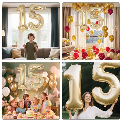 Image of Champagne Gold Large Number 15 Balloon, 40 Inch Light Gold Foil Helium Number Balloons, Giant Mylar Number 15 Balloons for 15 Years Old Birthday Party Anniversary Decorations (Champagne Gold 15)