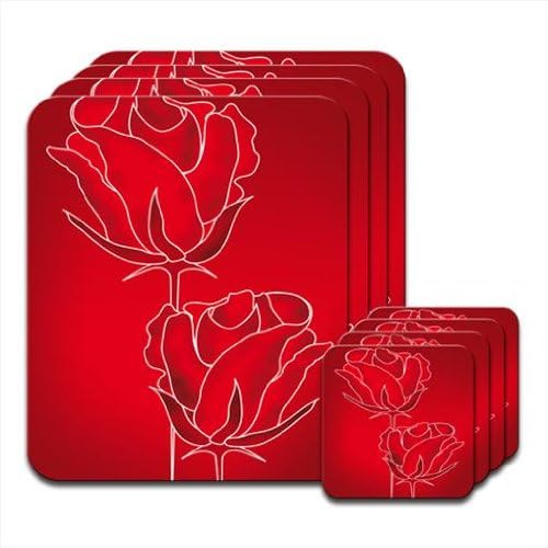 Fancy A Snuggle Outlines Of Red Roses On Red Background Set of 4 Placemat & Coasters