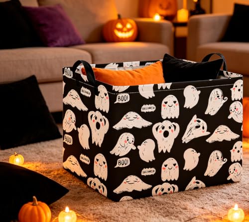 Image of CLOCOR Rectangular Storage Basket Empty,Gift Basket,Waterproof Storage Bin with Handles,Room Decor(Black Ghost Halloween)