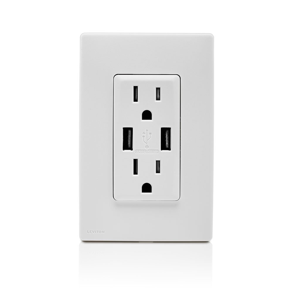Leviton Renu USB Charger/Tamper-Resistant Duplex Outlet, 15A-125VAC, RUAA1-WW, White On White