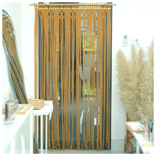 ECO FRIENDLY HOMEWARE VNCK Macrame Bead Curtain for Doorway, Boho Door String Curtains, 100% Cotton Handmade Tassel Fringe Door Curtain Panel, Bohemian Room Divider Wall Decor, 77" L x 35" W, Gold