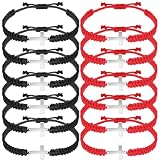 Jadive 12 Pcs Cross Bracelets Bulk for Women Men Jesus Christian Handmade Adjustable String Nylon Rope Braided Matching Bracelet for Christmas Baptism BFF Lucky Gifts(Black, Red)