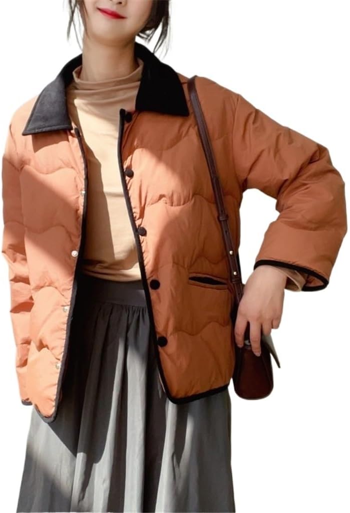 Women's Winter Corduroy Square Neck Short Down Jacket Casual Thickened White Duck(Medium)