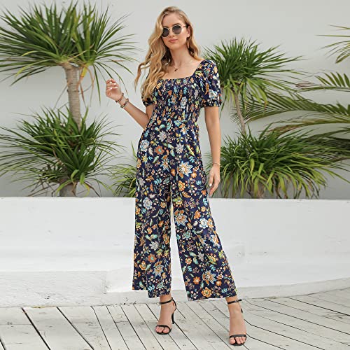 Love Welove Fashion Women's Summer Floral Lantern Sleeve Tube Top High Waist Wide Leg Pants Casual Loose Smocked Jumpsuit Romper (Navy Colorful Floral, Medium) #TOP2