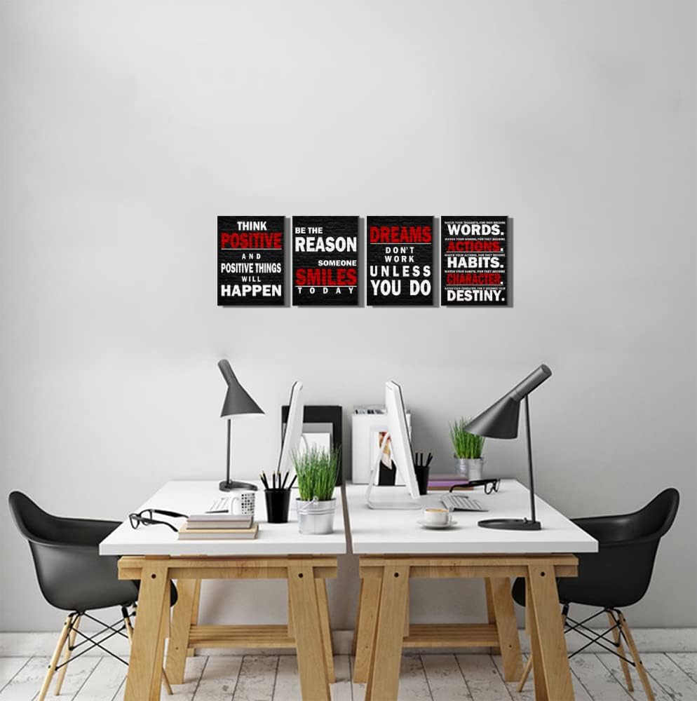 Motivational Wall Decor Art Red Black Gym Office Wall Art Inspirational Poster Quote Framed Positive Canvas Wall Art for Office Bedroom Dorm Wall Decor Sign Boys Girls Room 12"x16", 4pieces