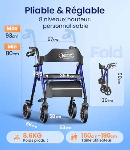VOCIC deambulateur 4 roues pliable leger,Rollator en aluminium léger avec siège,Pour tous les terrains, Siège réglable en hauteur,Se range facilement dans le coffre,Bleu Saphir | Garantie de 5 ans – vue 8