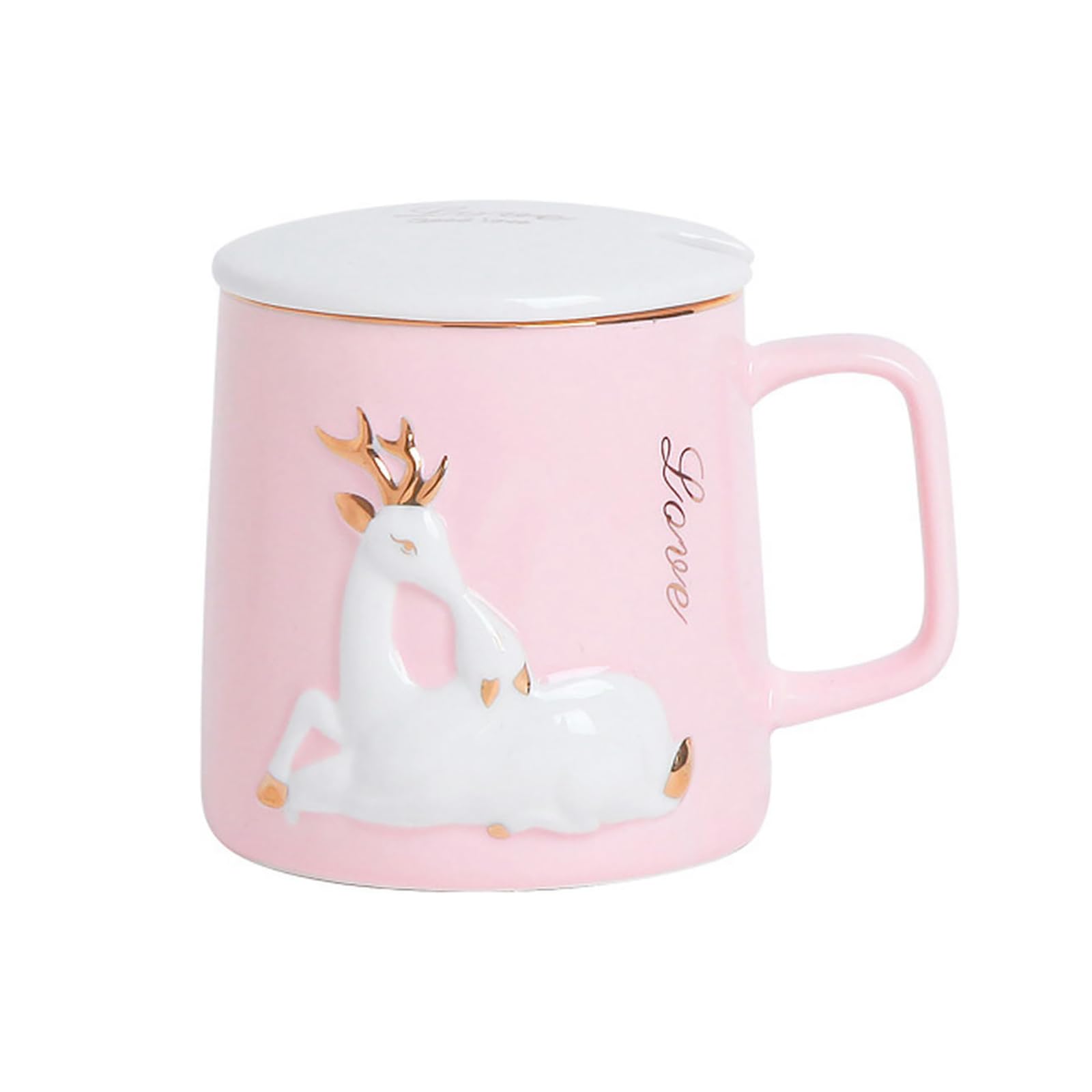 CAPIJIONG 400ml/13.5oz Little Deer Embossed Couple Ceramic Mug Office Cartoon Coffee Cup-Pink
