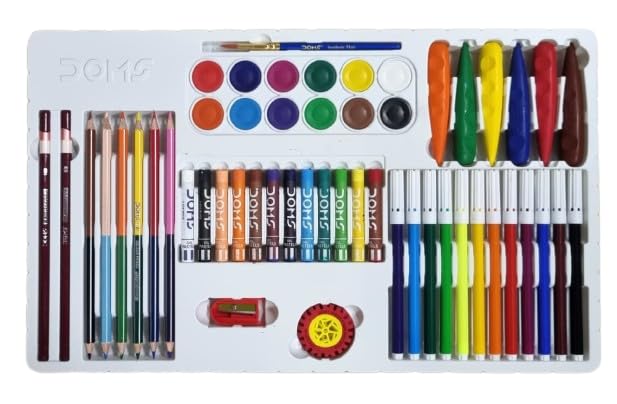 Image of DOMS Art Fusion Kit- Combination of 9 Items- Includes Sketch Pens, Plastic Crayons, Oil Pastel, Water Colour Cakes, Bi-Colour Pencils, Drawing Pencils, Brush, E-Racer Eraser & Pencil Sharpener