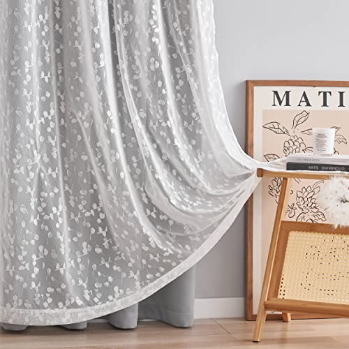 Image of Mix Matched Grey Full Blackout & Sheer Leaf Lace Curtains 52 inchWx95 inchL 6Panels | White Lace Sheer Leaf & Grey Blackout Combo Set, 2 Blackout+2 Sheer Panels, 4-Piece Set, Mix and Match Style Grommet Top