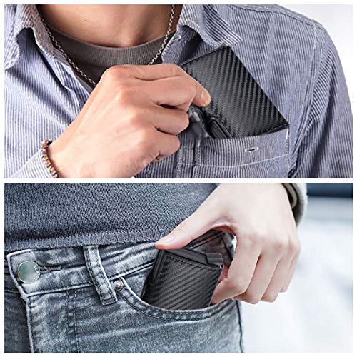 Ywhbk Carbon Fiber Leather Card Holder, Men Credit Card Holder, Slim Metal Card Case Front Pocket Anti-Theft-Rfid Auto Pop Up Travel Thin Wallets For Men (Black) #TOP6
