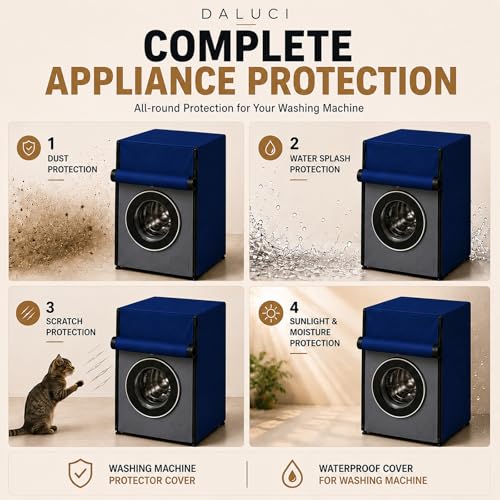 Image of DALUCI Washing Machine Cover Front Load for 6 Kg, 6.5 Kg, 7 Kg & 7.5 Kg Fully Automatic Machines | Waterproof Dustproof Polyester Protective Cover with Zipper (Blue, 59X59X86 CM)
