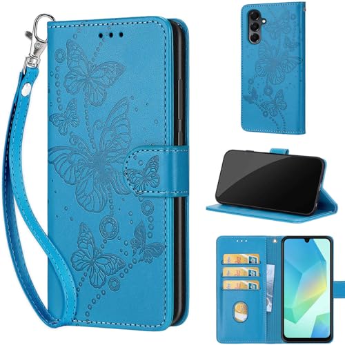 KENHONER Designed for Samsung Galaxy A16 5G Case Wallet,Women Flip Folio Cover with Embossed PU Leather Stand Credit Card Holders Slots Wrist Strap Phone Case for Samsung Galaxy A16 (Blue Butterfly)