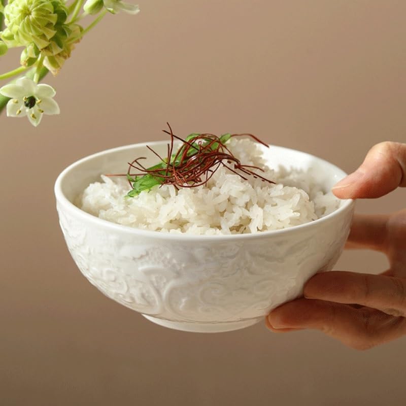 White Ceramic Bowls with Relief Patterns Rice Porridge Restaurant Hotel Tableware