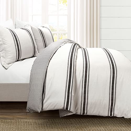 Image of Lush Decor Farmhouse Stripe Reversible Cotton Duvet Cover Set 3 Piece Set, Full / Queen Black - Bedding Set - Striped Duvet Cover Queen Size - Farmhouse Decor