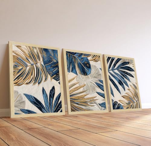 Image of ArtX Paper Leaf Paintings For Wall Decoration, Home Decor Wall Art, Hotel Wall Painting for Living Room, Multicolor, Natural Wood Color Frames, 12.0 x 18.0 inch, Set of 3