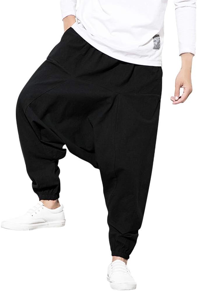 IFOUNDYOU Men's Harem Pants Boho Hippie Wide Baggy Trousers with Drop Crotch Comfortable Elastic Waist Drawstring Pants Bottoms Plus Size