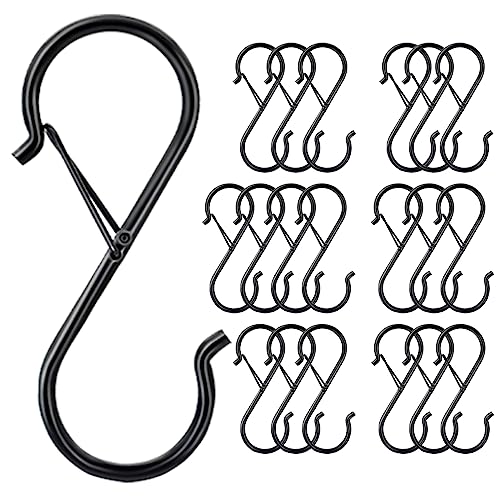 Zienlay 20 Pack S Hooks for Hanging, 3.5 Inch S Hooks Heavy Duty for Hanging Clothes Plants Black S Shaped Hooks with Safety Buckle Kitchen Pot Rack Closet Hooks for Kitchen Utensil, Pots, Pans