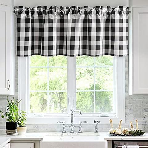 Hiasan Buffalo Plaid Curtains Valances for Windows - Black and White Semi Sheer Checkered Rod Pocket Valance for Living Room, Farmhouse, Bedroom, 42 x 18 Inches Length, 1 Panel Cover
