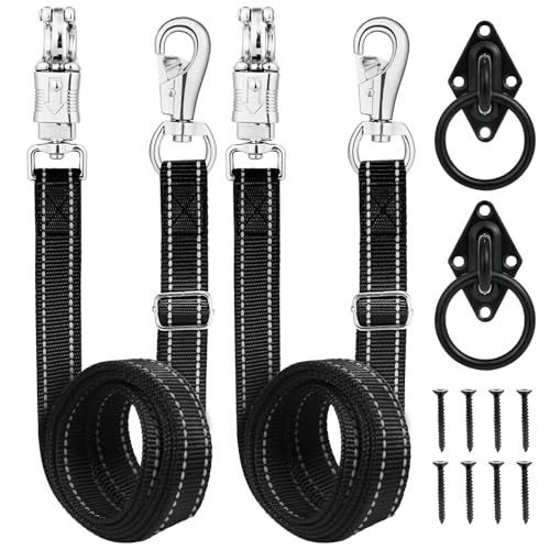 Ciphuoly Heavy-Duty Cross Ties for Horses - Adjustable Nylon Horse Trailer Ties with Strong Panic Snap & Bull Snap (59-102) Set with 2 Pack Tie Rings & 8 Matching Screws (Black)