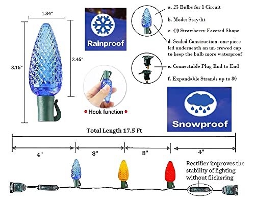Borita LEDC9-25-MC Outdoor C9 Led Christmas Lights Multicolor Commercial Grade Strawberry Holiday String Lights Colored,25Led Green Wire 18Ft Heavy-Duty Wedding Party Colorful Decorative Lights Mood Lights thumb #2