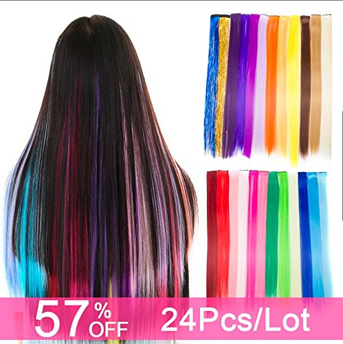 Carina Colored Clip in Hair Extensions 24pcs/lot 20 inch Straight Fashion Synthetic Hairpieces for Party Highlights Multi-Color (24PCS/Multi-Color)