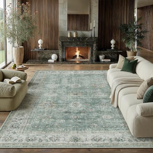 8x10 Washable Area Rug for Living Room Bedroom Teal Blue Vintage Large Distressed Rustic Low Pile Carpet Non-Slip Soft Throw Rug for Indoor Dining Roo
