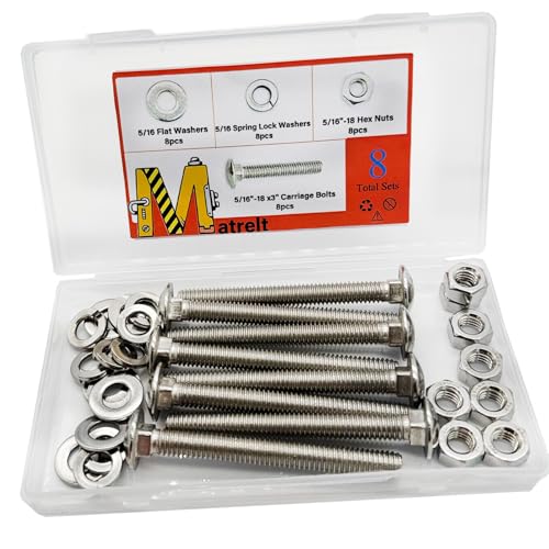 Image of 8 Sets 5 /16 inch-18 x3 Carriage Bolts Round Head Square Neck Screws with Hex Nuts Flat Washers Spring Lock Washers 304 Stainless Steel Full Thread Coverage Square Neck Bolts Assortment Kit