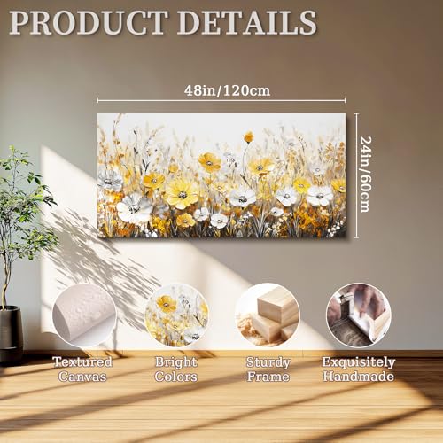 SERIMINO Wildflowers Large Wall Art, Modern Industrial Gold and Silver Floral Art Prints, Rustic Flower Field Canvas Paintings, Vintage Pictures for Living Room Bedroom Kitchen Decoration 24"X48"